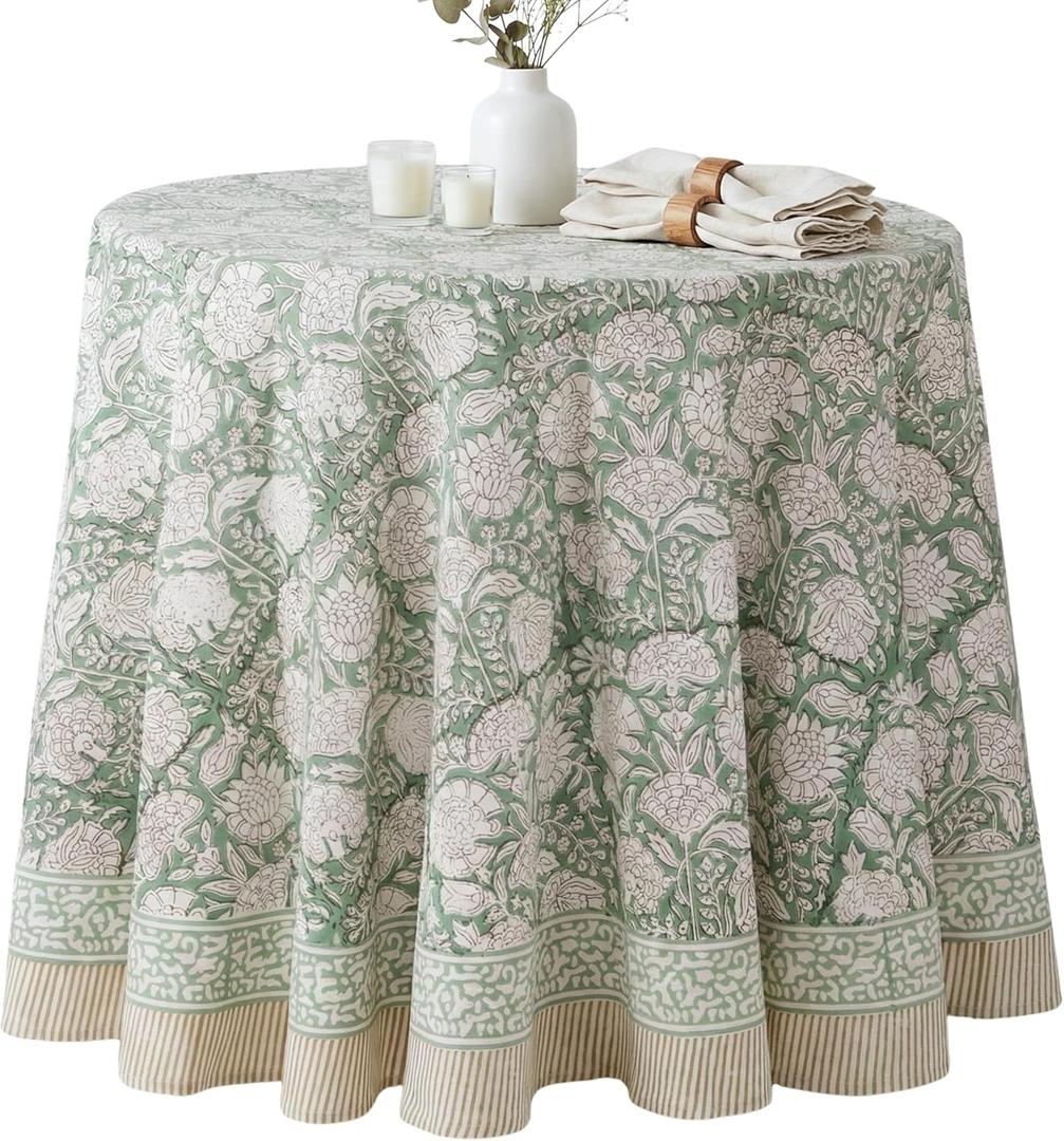 ATOSII Jade 100% Cotton Boho Round Tablecloth, Block Print Floral Table Cloth Linen for Dining, Parties, Weddings, Outdoors I Table Decor 72" Inches Diameter I