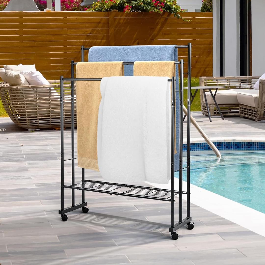 43.7 Tall Free Standing Towel Racks for Bathroom, 3-Tier Metal Pool Towel Rack Outdoor with Wheels & Storage, Quilt Rack, Towel Drying Rack, Blanket Ladder Holder for Bedroom, Living Room, Black