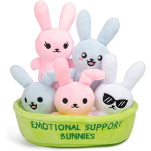 WHAT DO YOU MEME? Emotional Support Bunnies by Relatable, Cuddly Stuffed Animals and Toys, Squishy Toys and Plushies, Great Ideas for Loved Ones of All Ages, Includes 5 Plushies with Carrying Basket