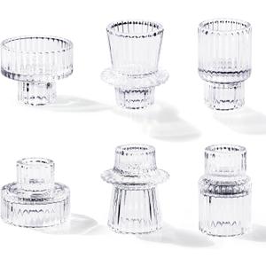 Candlestick Holders Set of 6, Ribbed Glass Taper Candle Holders, Reversible Clear Tealight & Candle Stick Candle Holder Vintage Crystal Tealight Candle Holder for Wedding Dinner Party (Medium)