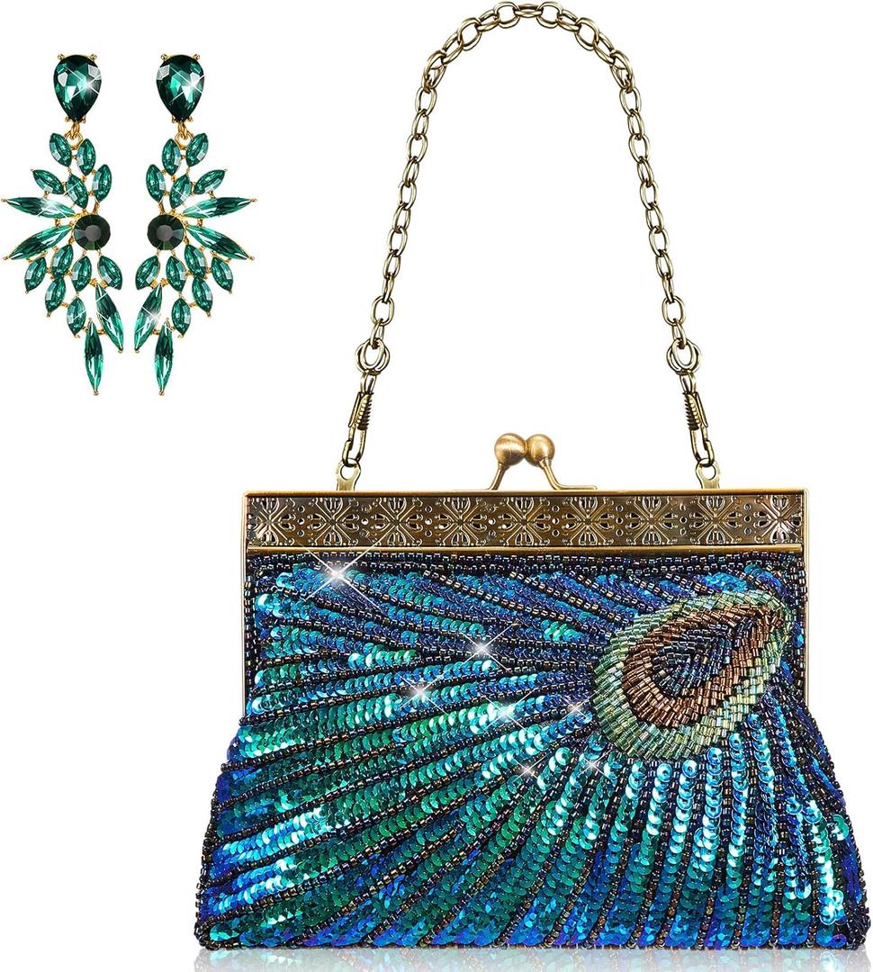 Peacock Purses Peacock Earrings Peacock Clutch Bags Dangle Earrings Women's Evening Handbags for Parties Wedding (Green)
