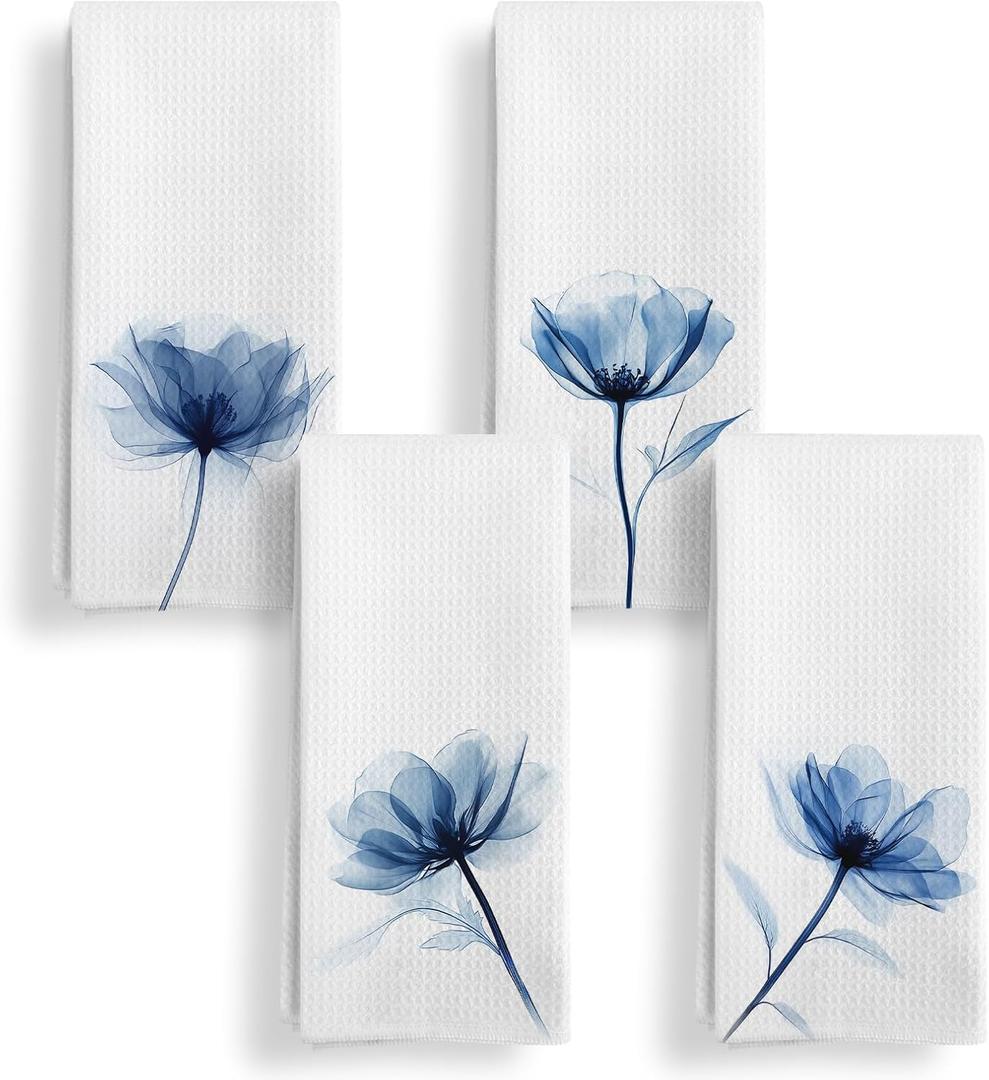 Qeheb Navy Blue Floral Kitchen Towels Set of 4, Watercolor Rustic Flower Botanical Decorative Dish Tea Towels, Cottagecore Wildflower Floral Hand Towels for Bathroom Decor, 16X24In