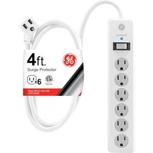 GE Surge Protector Power Strip, 4 Ft Extension Cord, 6 Outlet Extender, 800 Joules, Flat Plug, Twist-to-Close Safety Covers, ETL Listed, White, 33658