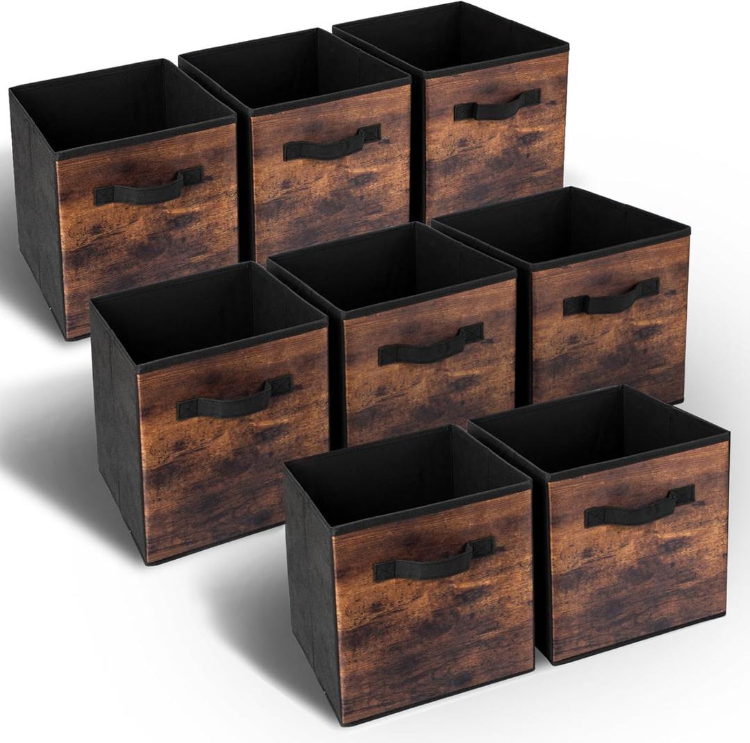 EWES 13 Inch Fabric Storage Cubes, 8 Pack Foldable Storage Bins with Handle, Storage Baskets Box for Shelves, Closet, Organizer, Rustic Brown and Black