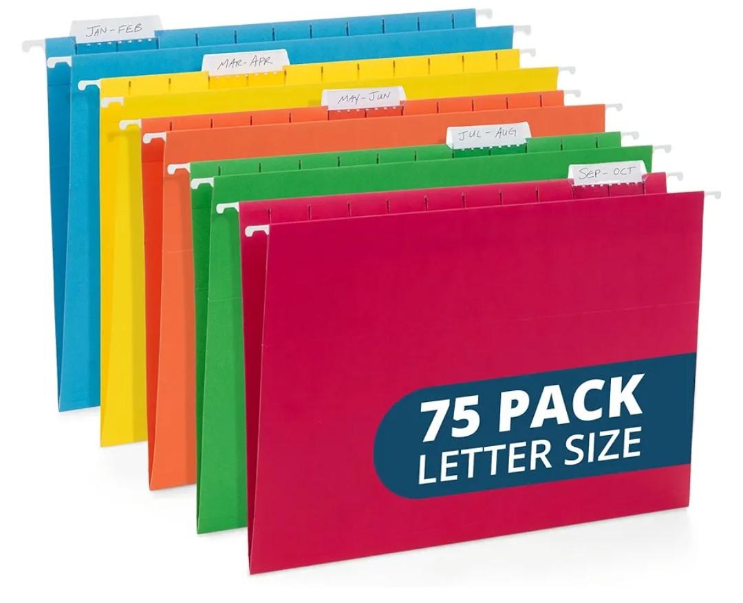 Blue Summit 75 Pack Colored Hanging File Folders Letter Size No Expansion, Colored Hanging File Folders Bulk, Assorted Colors, Designed for Bulky Files, Medical Charts, 1/5 Tabs