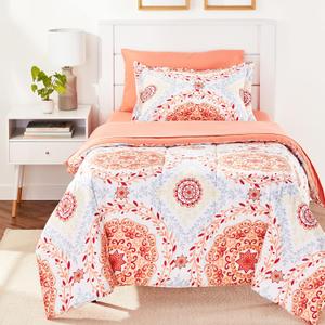 Amazon Basics Twin/Twin XL Comforter Set with Printed Sheets, 5-Piece Coral Medallion Bedding, Lightweight Microfiber Bed-in-a-Bag