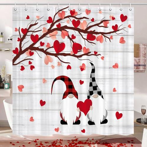 JAWO Mother's Day Shower Curtain, Romantic Mother's Watercolor Falling Red Heart Shower Curtain, Red Hearts Cute Gnomes Bathroom Accessories Set with Hooks, 72x72 Inch