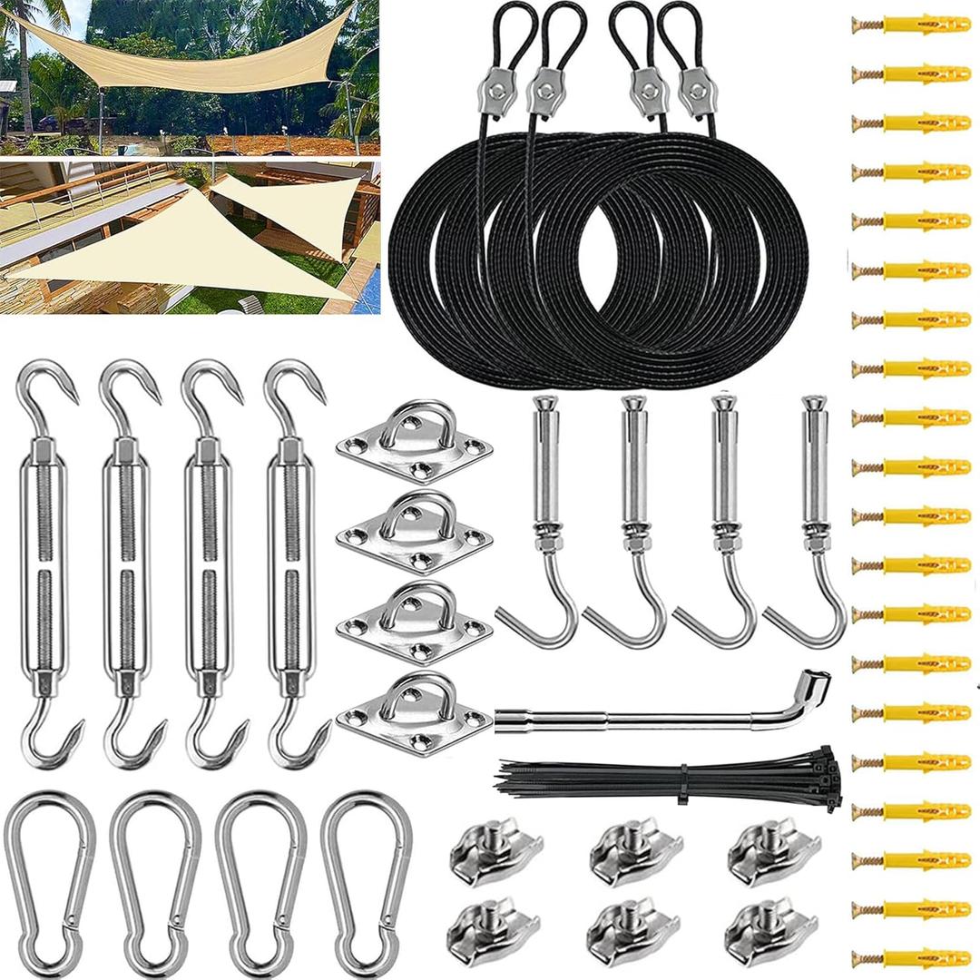 Shade Sail Hardware Kit with 4pcs 13ft Nylon Coated Cable Wire, Sun Shade Sail Hardware 304 Grade Stainless Installation Kit Set for Triangle Square Rectangle Sun Shade Sail for Outdoor_111Pcs