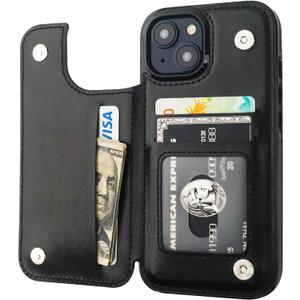 ONETOP Compatible with iPhone 15 Wallet Case with Card Holder, PU Leather Kickstand Card Slots Case, Double Magnetic Clasp and Durable Shockproof Cover 6.1 Inch (Black)