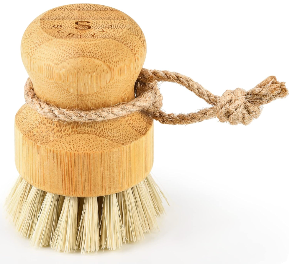 SUBEKYU Bamboo Dish Scrub Brushes for Kitchen, Cleaning Scrubber for Washing Cast Iron Pan/Pot, Natural Sisal Bristles, 1 Pack