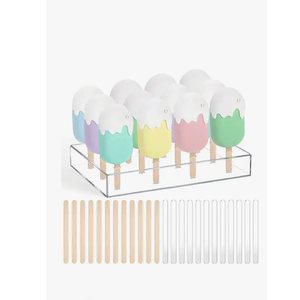 Gejoy Cakesicle Stand Display 12 Holes Acrylic Cake Pop Stand with 12 Pcs Reusable Acrylic Sticks and 50 Pcs Wooden Sticks Clear Ice Holder for Dessert Table Birthday Wedding