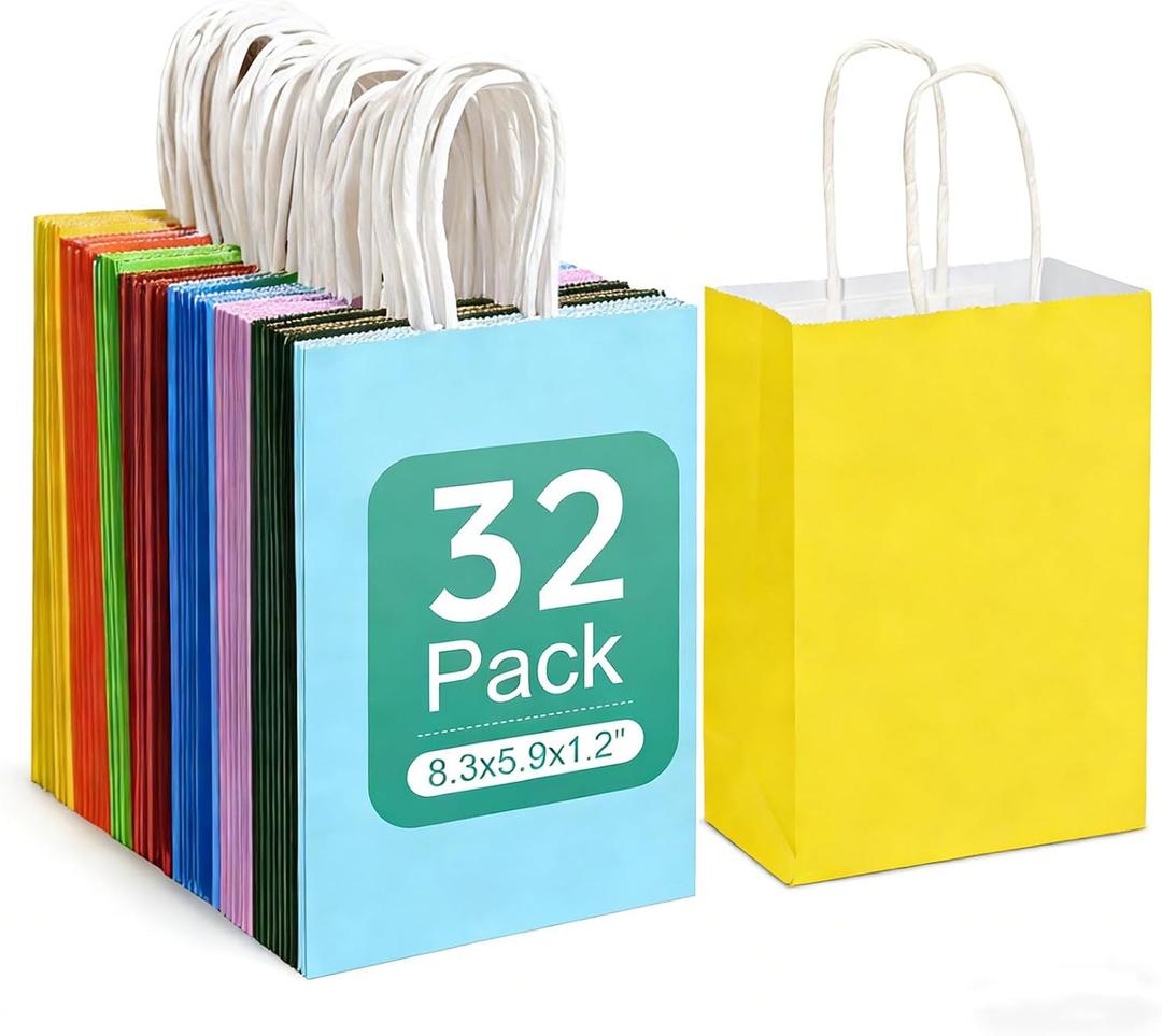 VANKUTL 32 Pieces Small Paper Gift Bags with Handles, 8.3"x5.9"x1.2" 8 Colors Party Favor Bags with Handles, Rainbow Paper Gift Bag for Wedding, Birthday, Party Supplies and Gifts