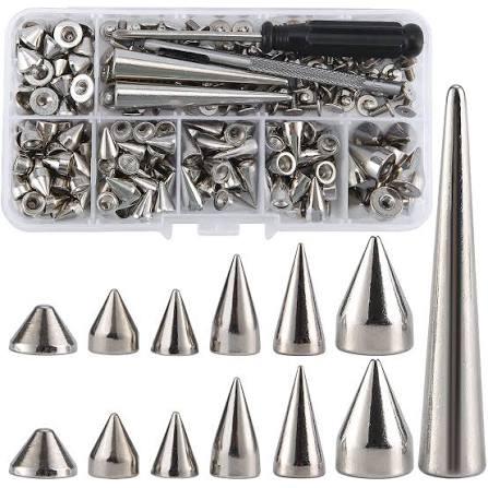YORANYO 135 Sets Mixed Shape Spikes and Studs Assorted Sizes Spike Studs for Clothing Silver Color Screw Back Bullet Cone Studs and Spikes Rivet for Leather Craft Clothing Shoes Belts Bags Dog Collars