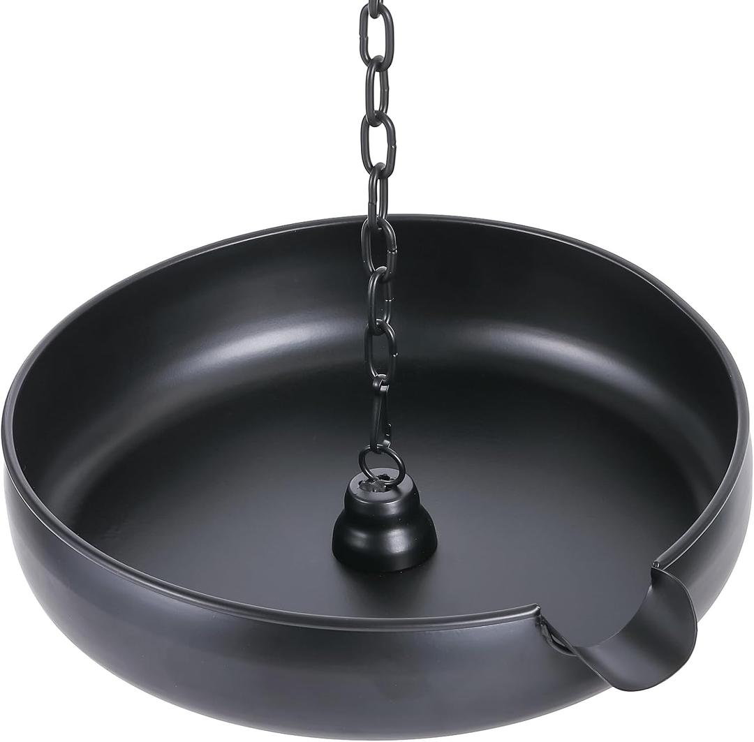Rain Chain Anchoring Basin, Metal Bowl for Rain Chain Downspout Gutters, Black Rain Chain Basin of Chain Display for Outdoor Garden, Lawn and Patio Water Feature, 10.23 inch Diameter, 2 Inches High