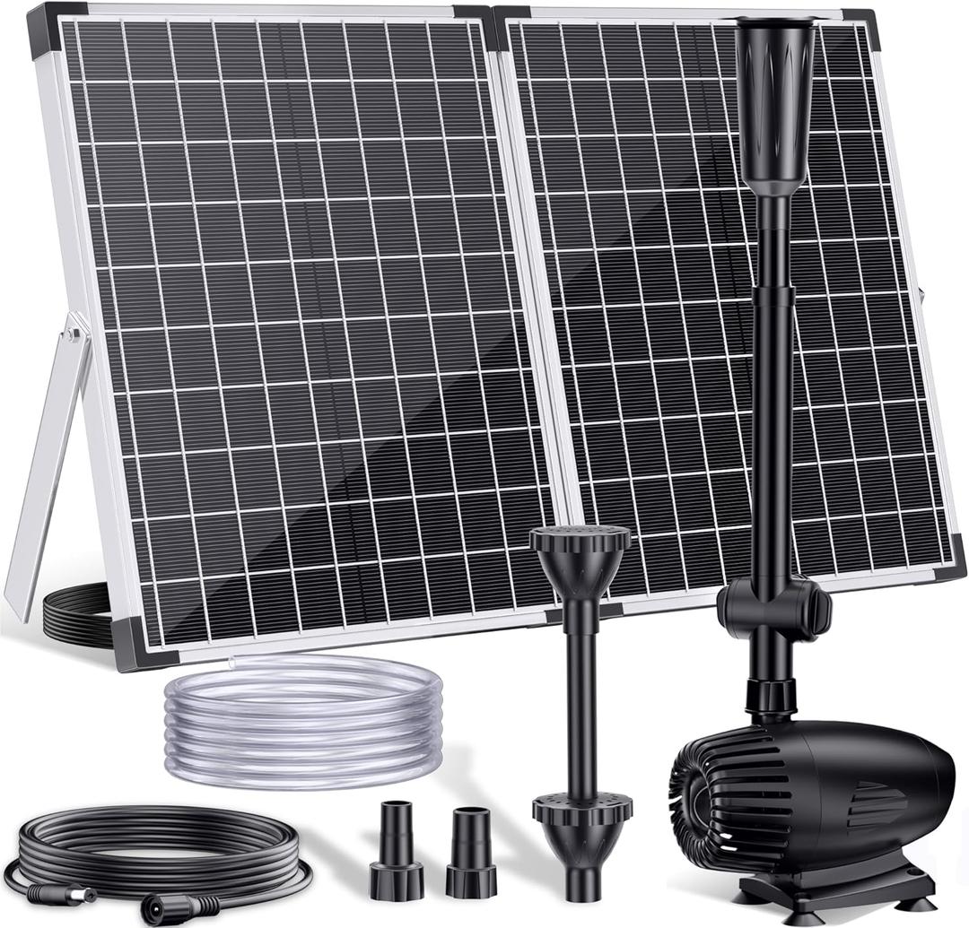 POPOSOAP 55W Solar Fountain Pump, 480GPH Solar Pond Pump with Dry-Run Protection, Solar Powered Water Pump with 17Ft Cord & 10Ft Extension Cable, PVC Tubing for Ponds, Garden, Waterfall, Hydroponics