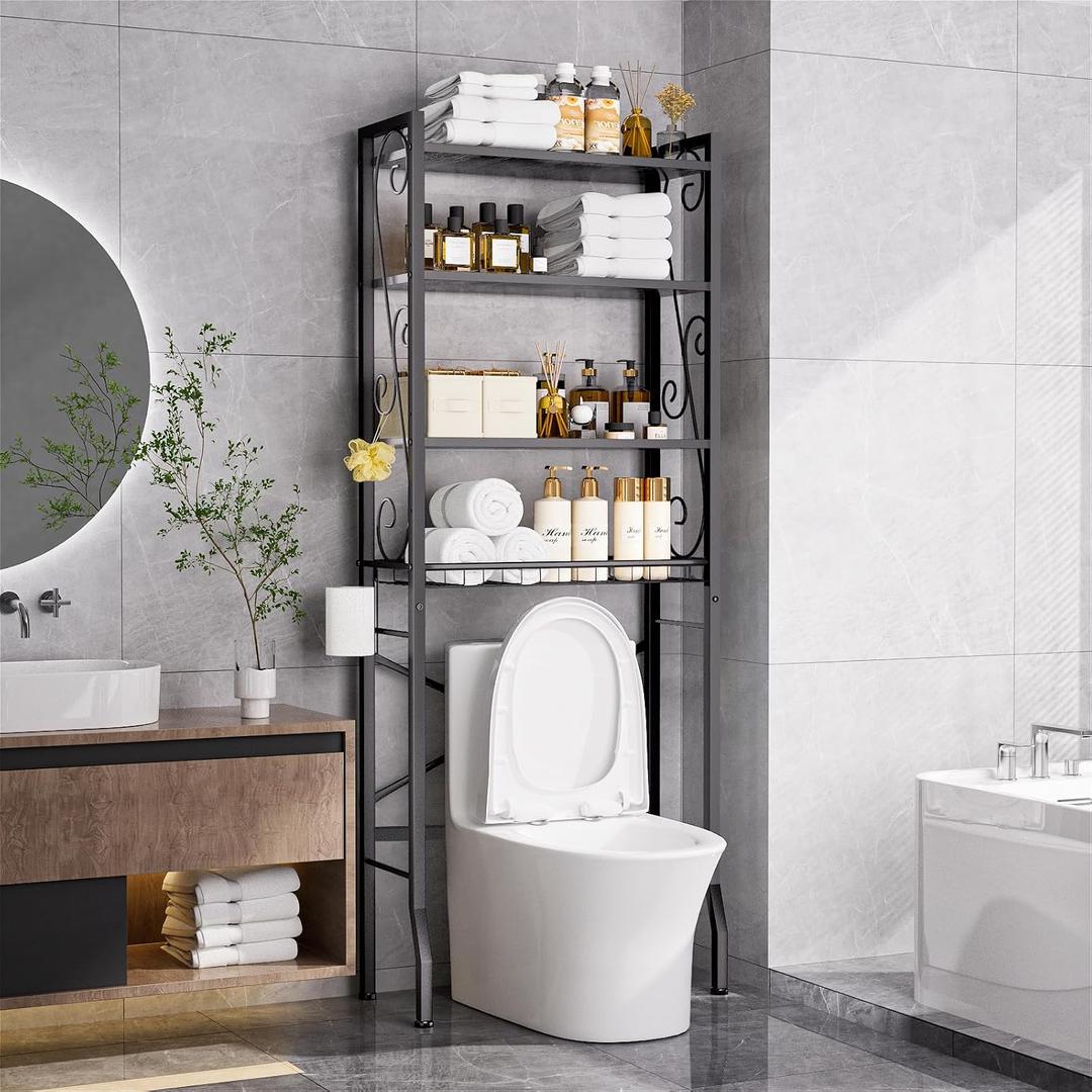 Over-The-Toilet Storage Rack 4-Tier,Bathroom Organizer Shelf Over Toilet,Adjustable Wooden Shelves and Basket,Freestanding Above Toilet Shelf,Space Saver for Rooms(Black Rack-Black Shelves), Large
