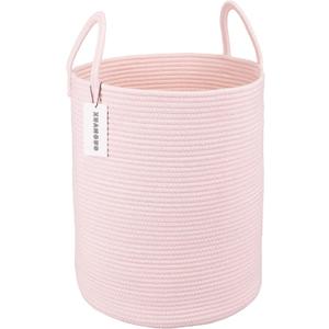 XUANGUO Cotton Rope Laundry Basket Hamper for Girls Kids Baby Nursery Hamper Bin Woven Storage Basket for Living Room Girls room Boho Tall Rope Baskets for Blanket Toys Large light pink (Regular)