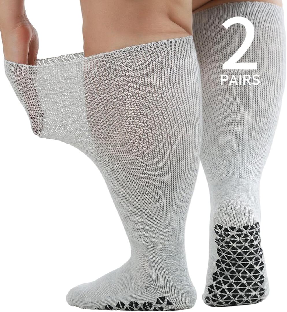 Wide Diabetic Socks for Men Women, Non Slip Grip Extra Long Edema Sock with Thickened Sole, Non-Binding Loose Fit Socks for Lymphedema, Neuropathy, Swollen Feet, Hospital-2 Pairs Gray