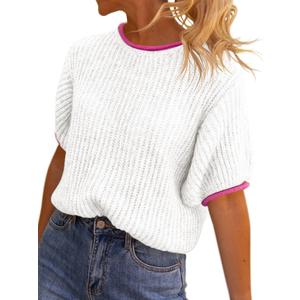 Saodimallsu Womens Puff Short Sleeve Sweater Tops Spring Summer Color Block Ribbed Knit Crew Neck Going Out Shirts (L)