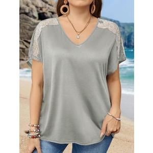 Women's Plus Size Contrast Lace V Neck Dolman Short Sleeve T-Shirt, 2XL