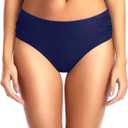 Tempt Me Women Bikini Bottoms Mid Waist Bathing Suit Swimsuit Ruched Swim Bottom (Navy Blue, Medium)