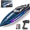 30KMH RC Remote Control Boat with 7 LED Light Modes Waterproof Electric Fast Speed Boat for Adults Kids 8-12 Lake Pool Water Play,Self-righting,Demo,Water Cooling,20Mins,Low Battery Alert,2.4Ghz,Blue