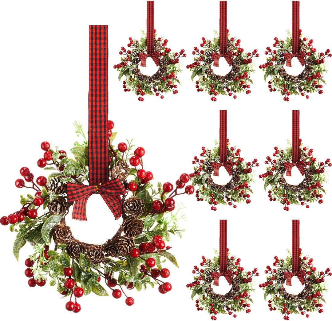 Zeyune 8 Pcs Christmas Kitchen Cabinet Wreaths with Plaid Bow Ribbon Hanging Cabinet Doors Wreaths Decorative for Kitchen Window Outdoor Indoor Holiday Decor, 14.96 x 7.87'', Classic Plaid Style