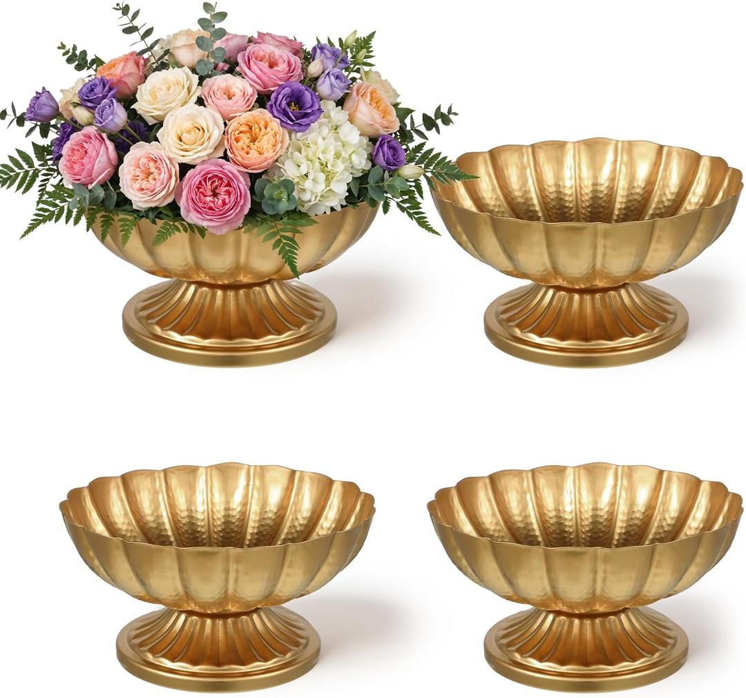 4 Pcs Gold Compote Pedestal Vases, 7'' Wide 3.94'' High Distressed Vintage ecorative Antique Urn Planter Vase for Wedding Tables Event Anniversary Party Indoor Outdoor Activity
