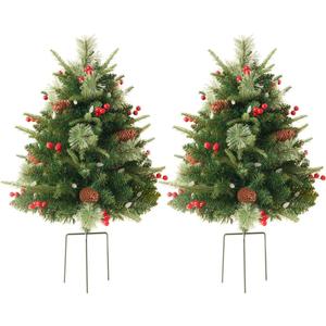 2 Pack 24 Inch Pre-Lit Christmas Trees Outdoor, Artificial 70 LED Lights, Red Berries, Pine Cones, Battery Operated, Entrances Decor