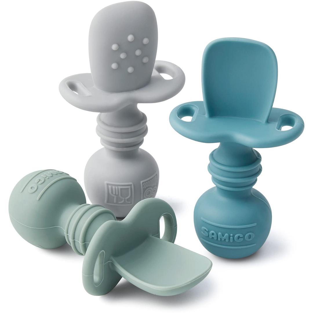 SAMiGO Silicone Baby Spoons Self Feeding 6+ Months - Infant Toddler Utensils - First Stage Baby Led Weaning Feeding Supplies - Set of 3 Pack (Serene)