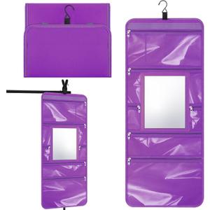 Hanging Toiletry Bag with Mirror for Men Women Travel Kit Large Foldable Beauty Dance Makeup Bag Organizer Storage Waterproof Roll up Cosmetic Case Accessories for Bathroom Shower(Purple)