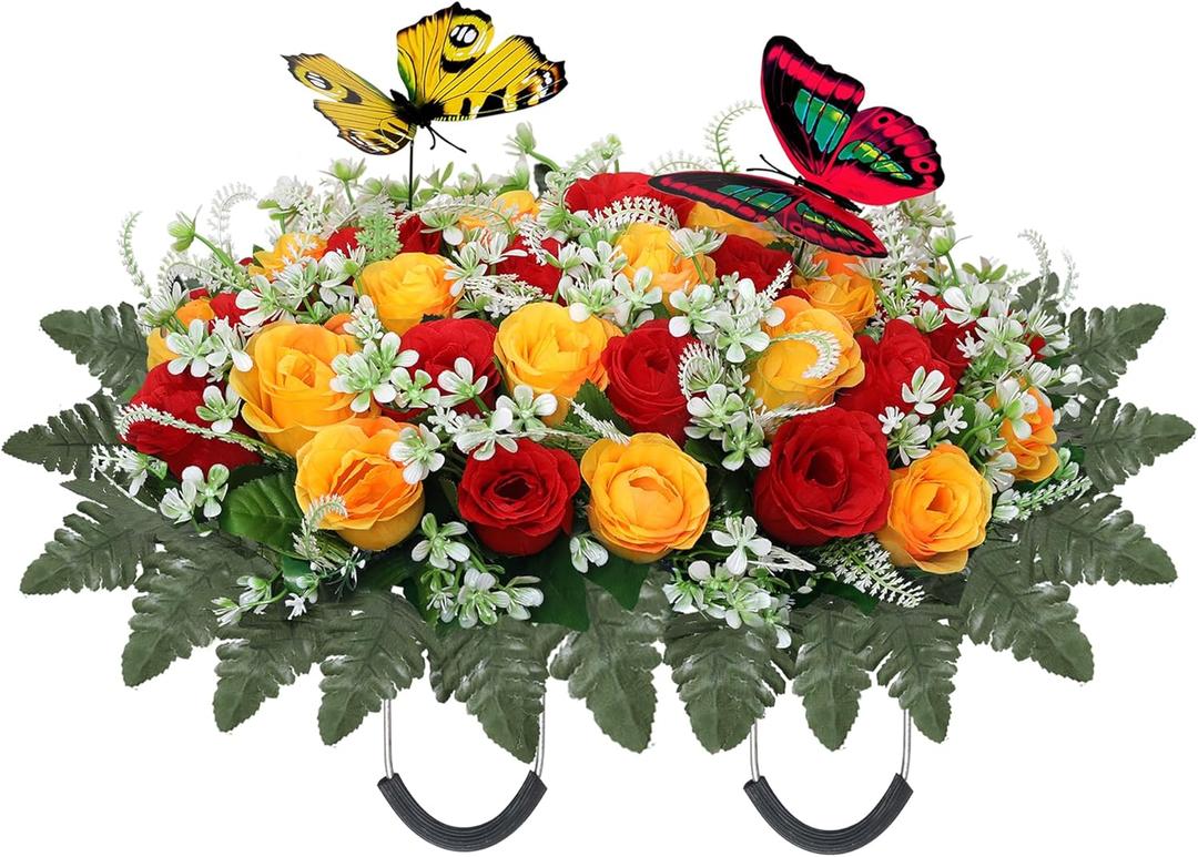 Artificial Cemetery Flowers for Grave,Large Headstone Flower Saddle Realistic Grave Flowers Memorial Silk Rose Flowers with Butterflies for Headstone Grave Decoration Non-Fading Easy Fit (Red Yellow)