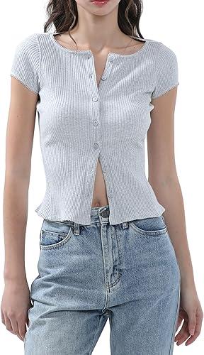 Ribbed Button Down T Shirts for Women Short Sleeve Going Out Tops Cropped Fitted Knit Blouses S
