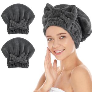SUNLAND Large Microfiber Hair Drying Caps with Bow knot Fast Drying Shower Cap Soft and Absorbent hairWrap Hair Turban Bath Caps for Curly Thick and wet Hair 11 X 13.4 inch 2 Pack Dgrey