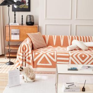 HANDONTIME Orange Sofa Covers for Loveseat, 3 Cushion Couch, Boho Style, Soft Chenille, Dog-Friendly, Thick Washable, 91" X134"