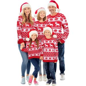 Xaatren Matching Family Christmas Sweaters Ugly Knit Pullover Cute Long Sleeve Crew Neck Xmas Holiday Jumper with Hat (X-Large, Red Snowflake, Men)