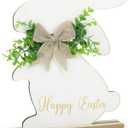 Easter Bunny Wooden Sign, Happy Easter Tabletop Centerpieces Decor in Door, Wood Farmhouse Vintage Bunny Easter Decorations, Retro White Rabbit with Rustic Bow Flower Table Signs Decor for Home Party (Large Sign)