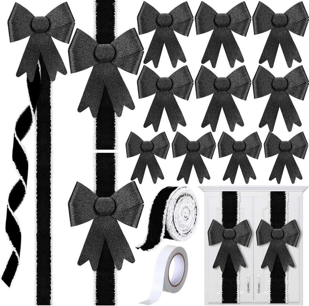 16 Pcs Velvet Christmas DIY Cabinet Ribbons Bows Large Christmas Door Kitchen Ribbon Cabinet Bows with 27 Meter Velvet Ribbons for DIY Xmas Holidays Kitchen Party Decorations(Black)