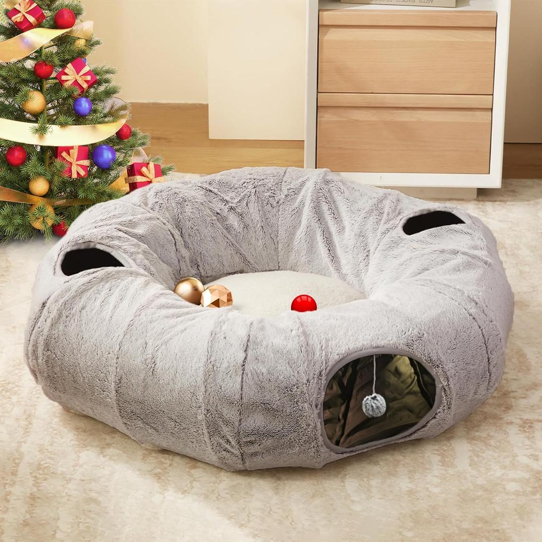 Cat Tunnel Bed for Indoor Cats - Cute Cat Donut Tunnel with Washable Circle Cushion, Round Pet Play Tunnel Toy for Kitten/Puppy/Rabbit,Grey