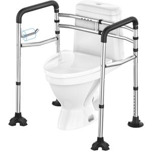 Toilet Safety Rail, 380LB Stainless Steel Toilet Frame with Padded Handles&Paper Holder, Adjustable Detachable Handicap Toilet Rails, Foldable Toilet Support Frame for Elderly