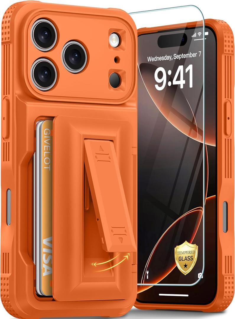 for iPhone 17 Pro Case with Card Holder4-5 Cards[9H Screen Protector ][Full Camera Protection][RFID Blocking][Hidden Kickstand] Rugged Heavy Duty Wallet Case for iPhone 17 Pro(Orange)