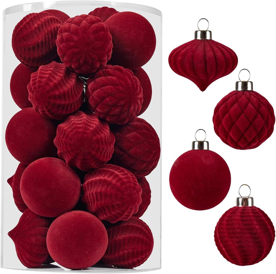 Wironlst Velvet Ornaments for Christmas Tree, 4 Style Flocked Matte Velvet Christmas Ball Ornaments, Shatterproof Decor for Xmas Tree Wedding Holiday Party Home (1.57" 25pcs Burgundy)