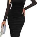 PRETTYGARDEN Spring Wedding Guest Dresses for Women 2026 Fall Ruched Midi Long Sleeve Formal Cocktail Bodycon Dress (Large, Black)