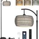 Arc Floor Lamp for Bedroom, Boho Standing Lamp with Remote & LED Smart Bulb, Rattan Floor Lamps for Living Room with 3 Color Temperatures, Height Adjustable Corner Tall Lamp, Stand up Light for Office
