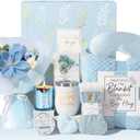 Birthday Gifts for Women Self Care Package Get Well Soon Gift Baskets, Thinking of You Sympathy Spa Gift Set w/ Crochet Flower Bouquet, Unique Easter Gifts Basket for Women Her Wife Girlfriend Mom (Blue - Bergamot Jasmine)