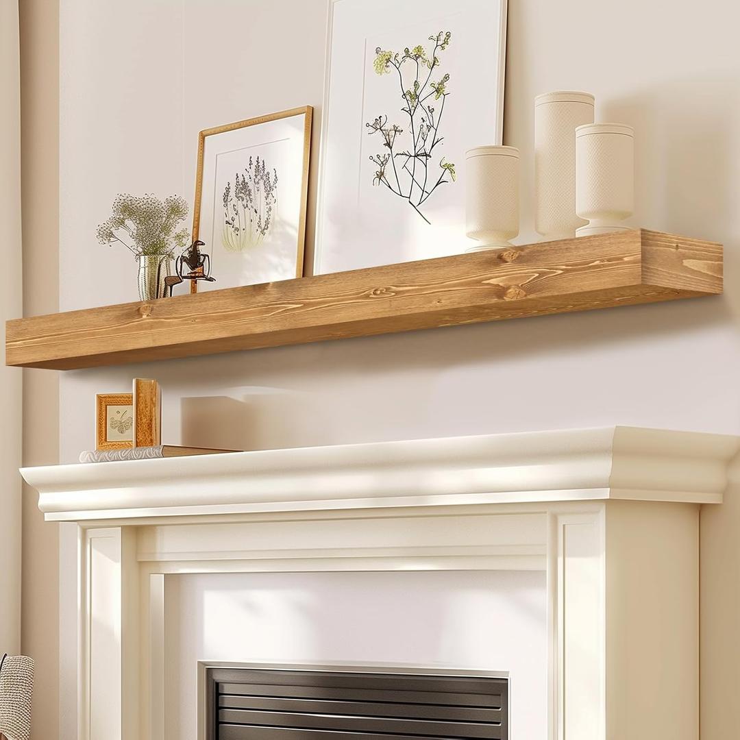 Fireplace Mantel Handmade, 3'' Thick Wall Decor Long Floating Shelf, 72inch Rustic Wood Shelf with Invisible Brackets, Wood Color, 72x3x8-hollow