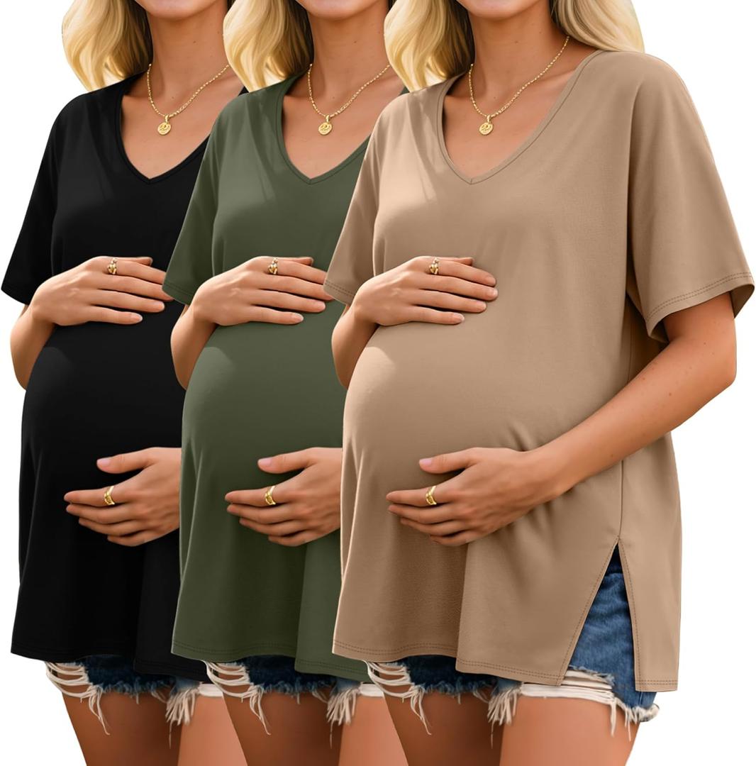 Ficerd 3 Pack Maternity Shirts Cotton V Neck Mama Tee Dolman Sleeve Side Split Pregnancy Clothes Summer Oversized Tops (Small, Khaki, Army Green, Black)