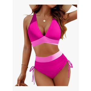 Blooming Jelly Women High Waisted Bikini Sets Tummy Control Swimsuits Color Block Two Piece Drawstring Bathing Suit XL
