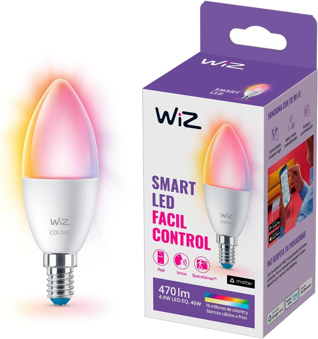 WiZ 40W B12 Color LED Smart Candle-Shaped Bulb - Pack of 1 - E12- Indoor - Connects to Your Existing Wi-Fi - Control with Voice or App + Activate with Motion - Matter Compatible