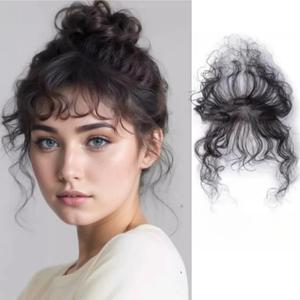 Curly Human Hair Topper with Bangs 2"x4.7" Front Hairline Concealer 10 Inch Ultra Thin Wavy Wiglet for Women Short Hair and Updos (5 * 12cm Black Curly Air Bangs)